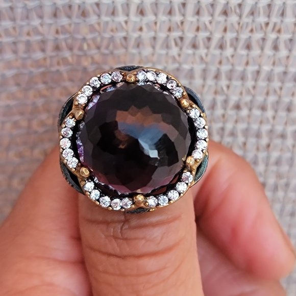 Wow huge chunky cocktail ring with multifaceted amethyst glass orb ornate 925 - Picture 5 of 14